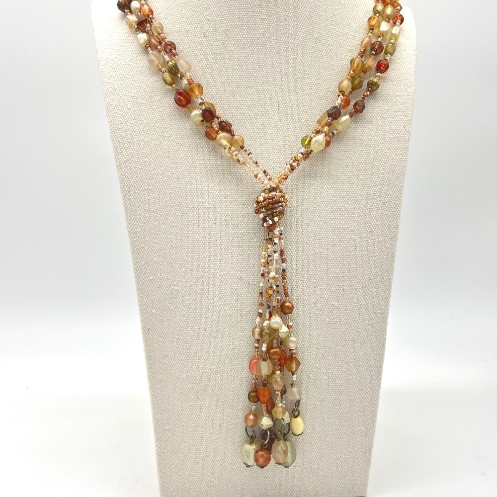 Vintage Beaded Lariat Necklace Brown Green Cream Tassel Fashion Jewelry Boho